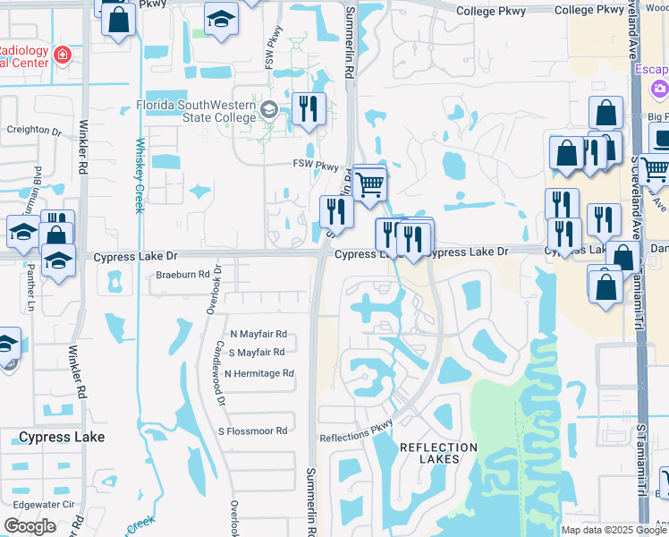 map of restaurants, bars, coffee shops, grocery stores, and more near 7960 Summerlin Lakes Drive in Fort Myers