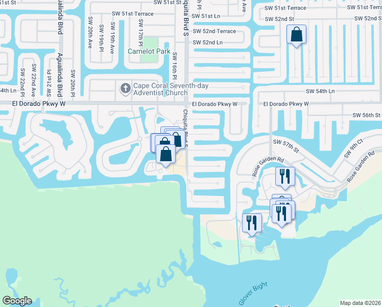 map of restaurants, bars, coffee shops, grocery stores, and more near 5717 Chiquita Boulevard South in Cape Coral
