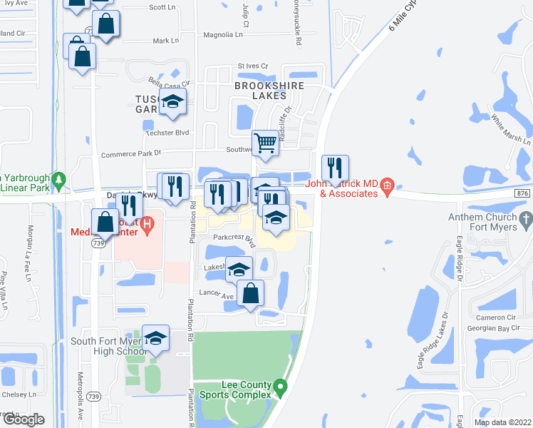 map of restaurants, bars, coffee shops, grocery stores, and more near 6900 Daniels Parkway in Fort Myers
