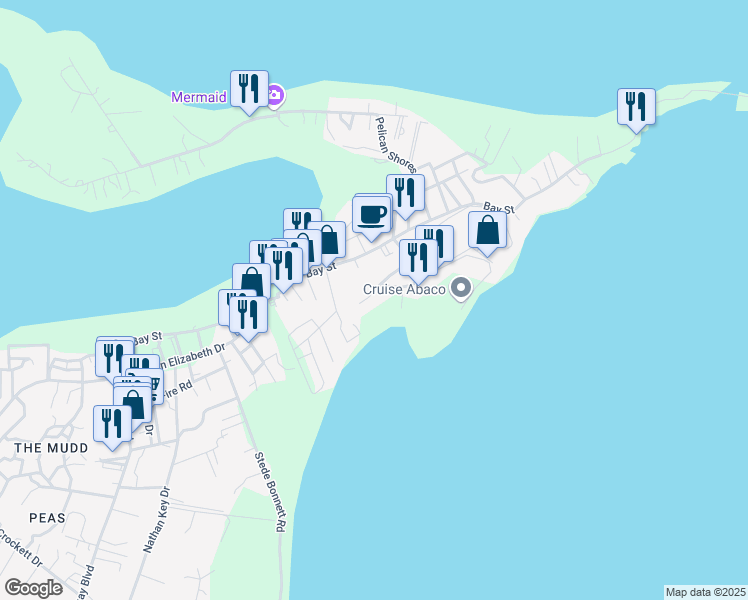 map of restaurants, bars, coffee shops, grocery stores, and more near Bay Street in Marsh Harbour