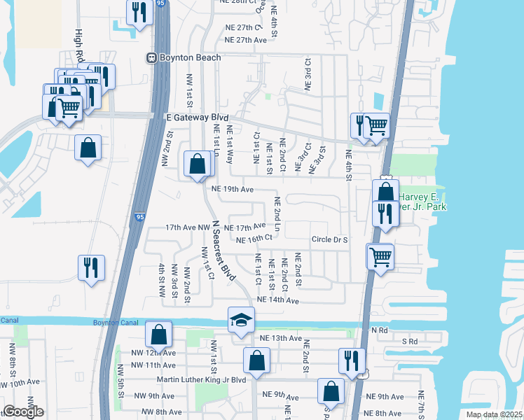 map of restaurants, bars, coffee shops, grocery stores, and more near 1781 Northeast 2nd Court in Boynton Beach