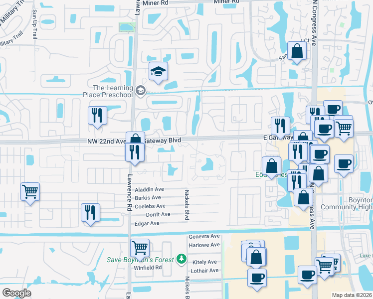 map of restaurants, bars, coffee shops, grocery stores, and more near 3842 West Sandpiper Drive in Boynton Beach