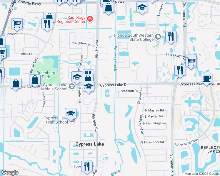 map of restaurants, bars, coffee shops, grocery stores, and more near 13561 Stratford Place Circle in Fort Myers