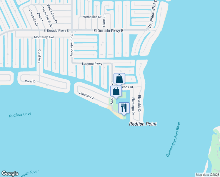 map of restaurants, bars, coffee shops, grocery stores, and more near 5722 Driftwood Parkway in Cape Coral