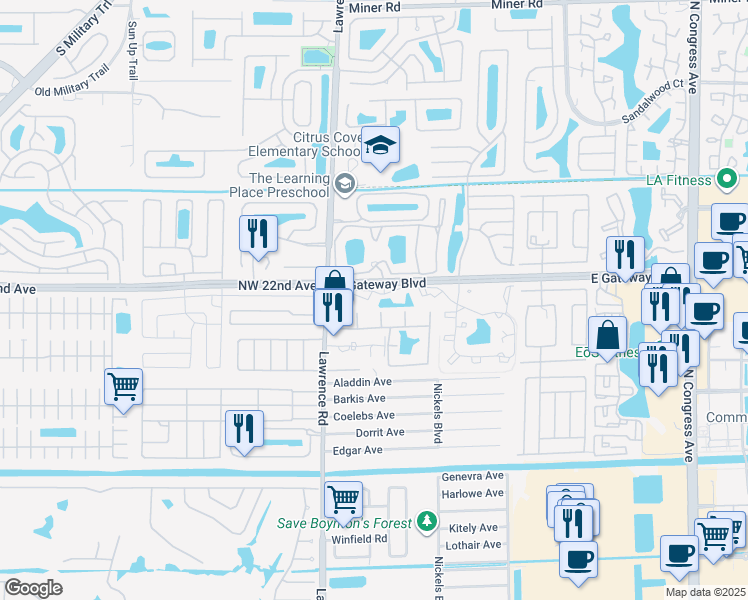 map of restaurants, bars, coffee shops, grocery stores, and more near 3922 West Sandpiper Drive in Boynton Beach