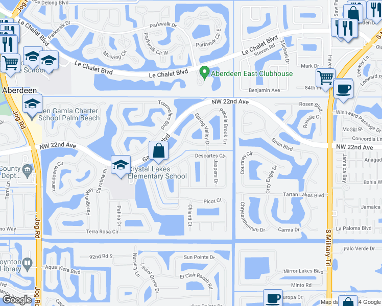 map of restaurants, bars, coffee shops, grocery stores, and more near 5677 Descartes Circle in Boynton Beach