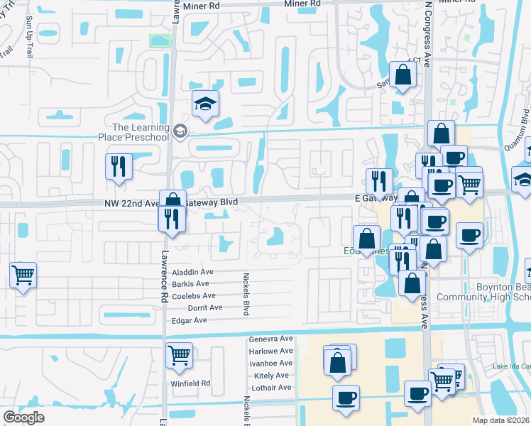 map of restaurants, bars, coffee shops, grocery stores, and more near 3500 Sandpiper Drive in Boynton Beach