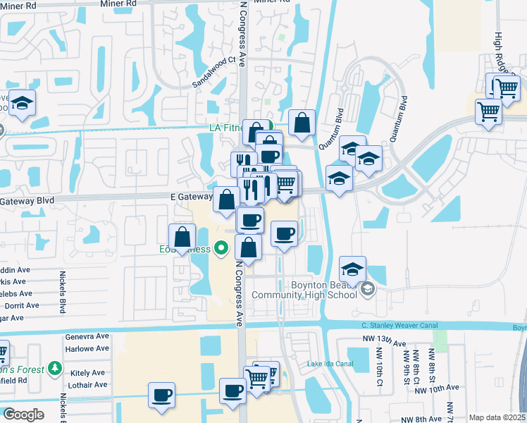 map of restaurants, bars, coffee shops, grocery stores, and more near 1880 Congress Avenue in Boynton Beach