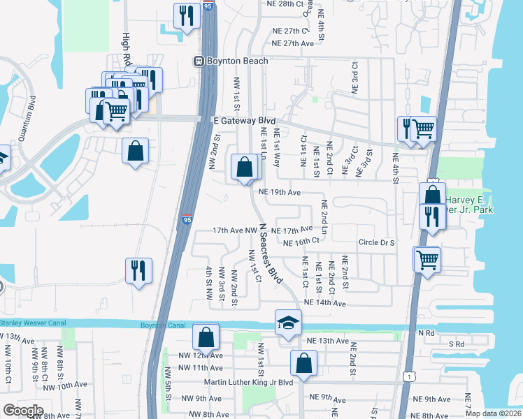 map of restaurants, bars, coffee shops, grocery stores, and more near 1790 North Seacrest Boulevard in Boynton Beach