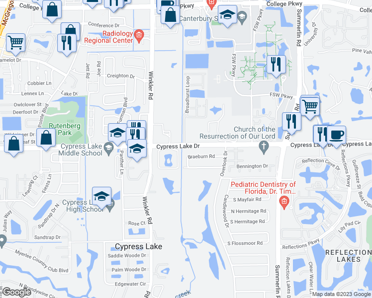 map of restaurants, bars, coffee shops, grocery stores, and more near 8461 Cypress Lake Drive in Fort Myers
