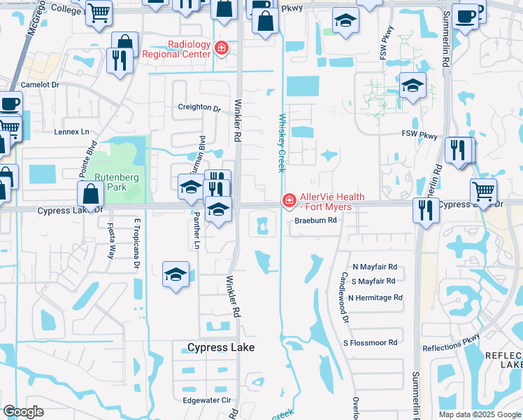 map of restaurants, bars, coffee shops, grocery stores, and more near 13500 Stratford Place Circle in Fort Myers