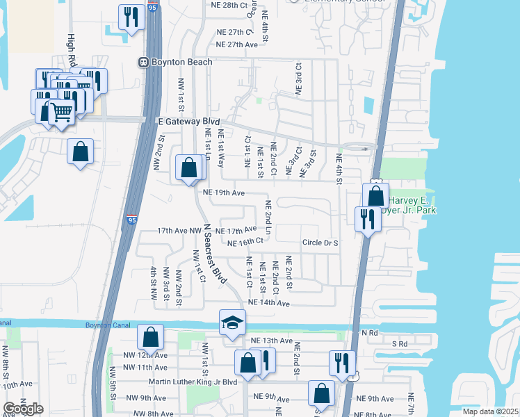 map of restaurants, bars, coffee shops, grocery stores, and more near 1781 Northeast 2nd Court in Boynton Beach