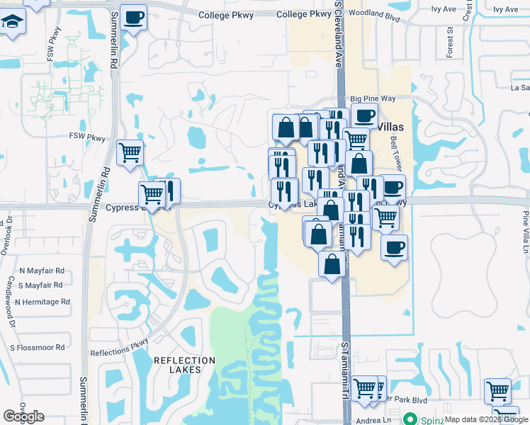 map of restaurants, bars, coffee shops, grocery stores, and more near 3160 Cypress Lake Drive in Fort Myers