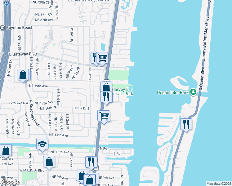 map of restaurants, bars, coffee shops, grocery stores, and more near 645 Oak Street in Boynton Beach