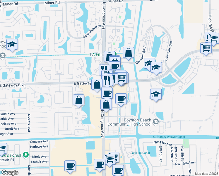 map of restaurants, bars, coffee shops, grocery stores, and more near 1880 North Congress Avenue in Boynton Beach