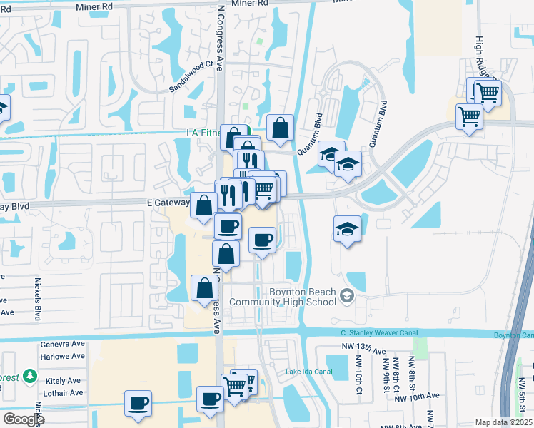 map of restaurants, bars, coffee shops, grocery stores, and more near 1500 Gateway Boulevard in Boynton Beach