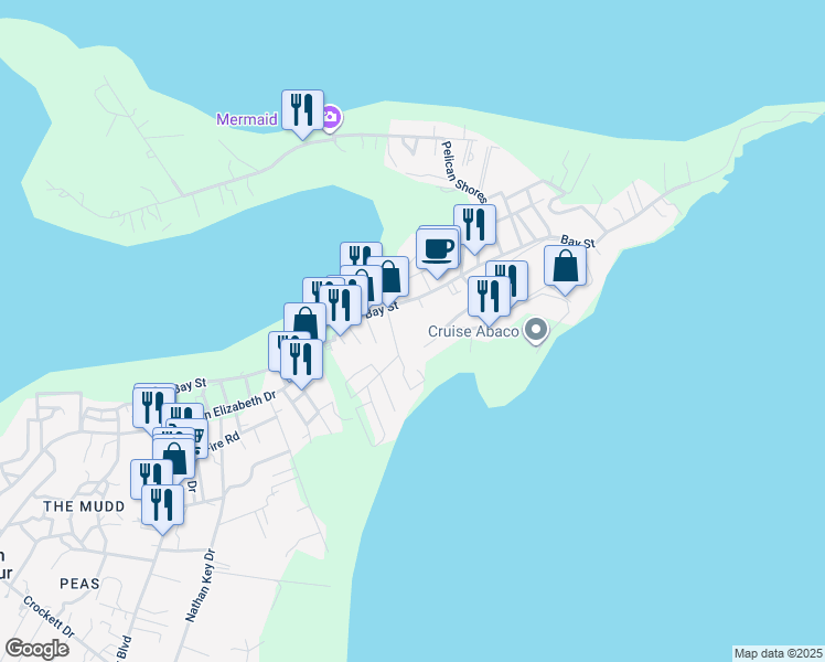map of restaurants, bars, coffee shops, grocery stores, and more near Bay Street in Marsh Harbour
