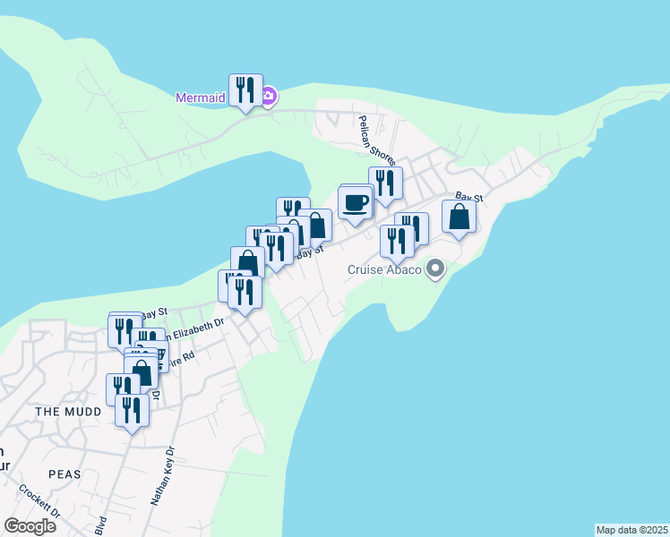 map of restaurants, bars, coffee shops, grocery stores, and more near Bay Street in Marsh Harbour