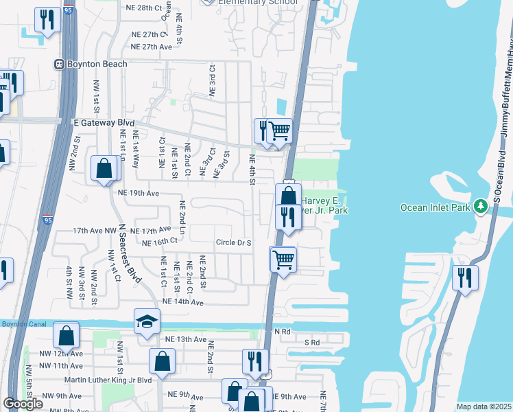 map of restaurants, bars, coffee shops, grocery stores, and more near E Street in Boynton Beach