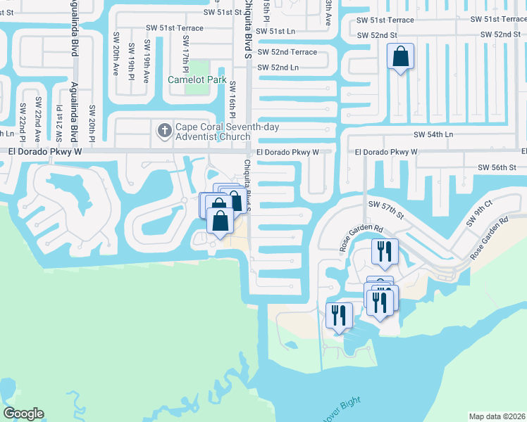 map of restaurants, bars, coffee shops, grocery stores, and more near 5717 Chiquita Boulevard South in Cape Coral