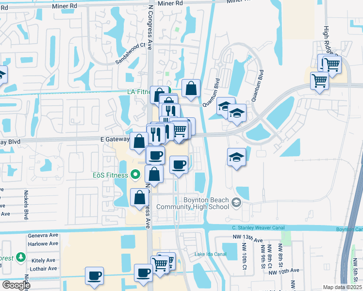 map of restaurants, bars, coffee shops, grocery stores, and more near 1500 Gateway Boulevard in Boynton Beach