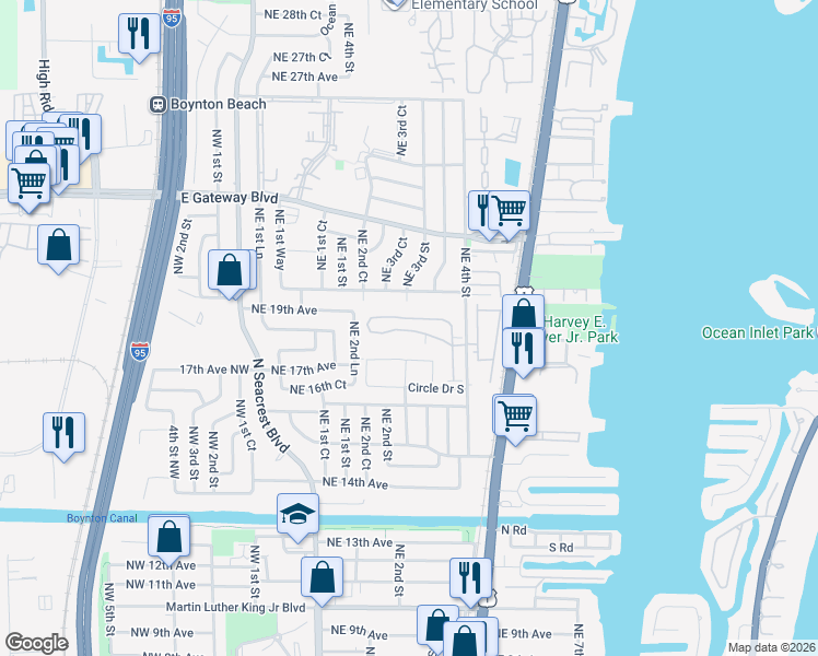 map of restaurants, bars, coffee shops, grocery stores, and more near 499 Boynton Bay Circle in Boynton Beach
