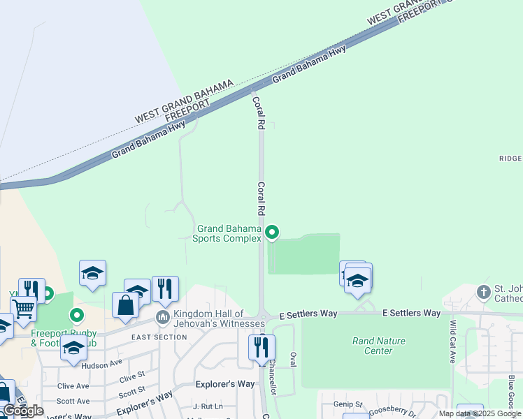 map of restaurants, bars, coffee shops, grocery stores, and more near Coral Road in Freeport