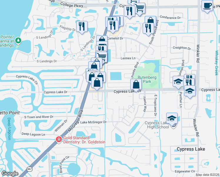 map of restaurants, bars, coffee shops, grocery stores, and more near 9961 Vanilla Leaf Street in Fort Myers