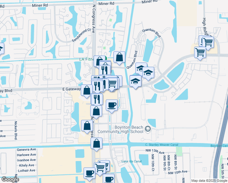map of restaurants, bars, coffee shops, grocery stores, and more near 1500 Gateway Boulevard in Boynton Beach