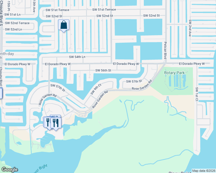 map of restaurants, bars, coffee shops, grocery stores, and more near 5767 Rose Garden Road in Cape Coral