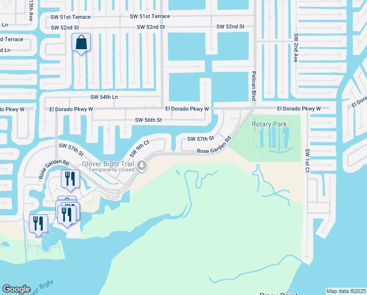 map of restaurants, bars, coffee shops, grocery stores, and more near 631 Rose Garden Road in Cape Coral