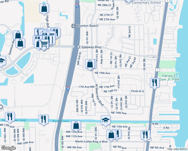 map of restaurants, bars, coffee shops, grocery stores, and more near 1790 North Seacrest Boulevard in Boynton Beach