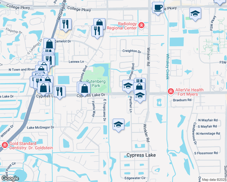 map of restaurants, bars, coffee shops, grocery stores, and more near 8940 Frontage Road in Fort Myers