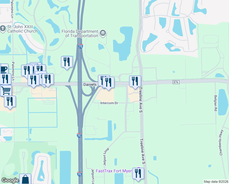 map of restaurants, bars, coffee shops, grocery stores, and more near 10100 Daniels Parkway in Fort Myers