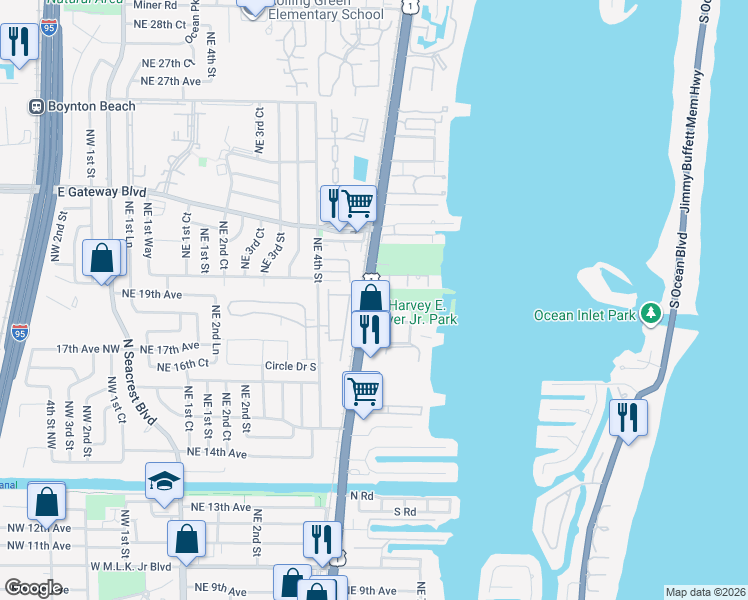map of restaurants, bars, coffee shops, grocery stores, and more near 2102 East Ridge Circle East in Boynton Beach