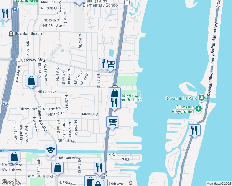 map of restaurants, bars, coffee shops, grocery stores, and more near 2102 East Ridge Circle East in Boynton Beach