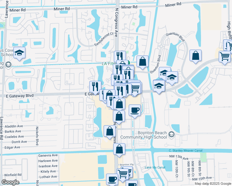 map of restaurants, bars, coffee shops, grocery stores, and more near 2202 North Congress Avenue in Boynton Beach