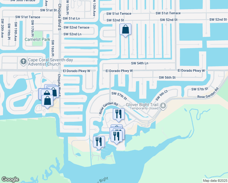 map of restaurants, bars, coffee shops, grocery stores, and more near 1195 Southwest 57th Street in Cape Coral