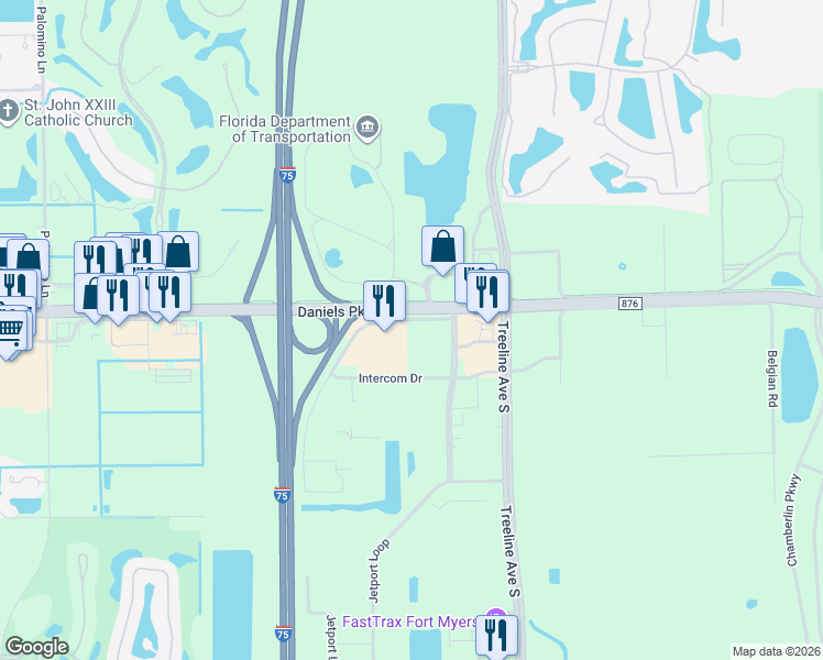 map of restaurants, bars, coffee shops, grocery stores, and more near 10100 Daniels Parkway in Fort Myers