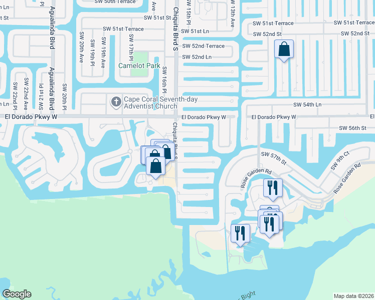 map of restaurants, bars, coffee shops, grocery stores, and more near 1533 Southwest 57th Street in Cape Coral