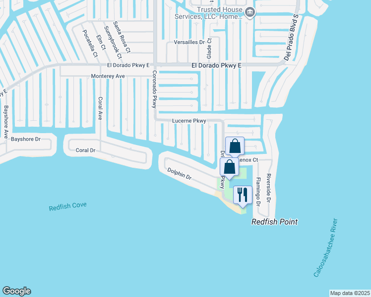 map of restaurants, bars, coffee shops, grocery stores, and more near 5627 Deauville Court in Cape Coral