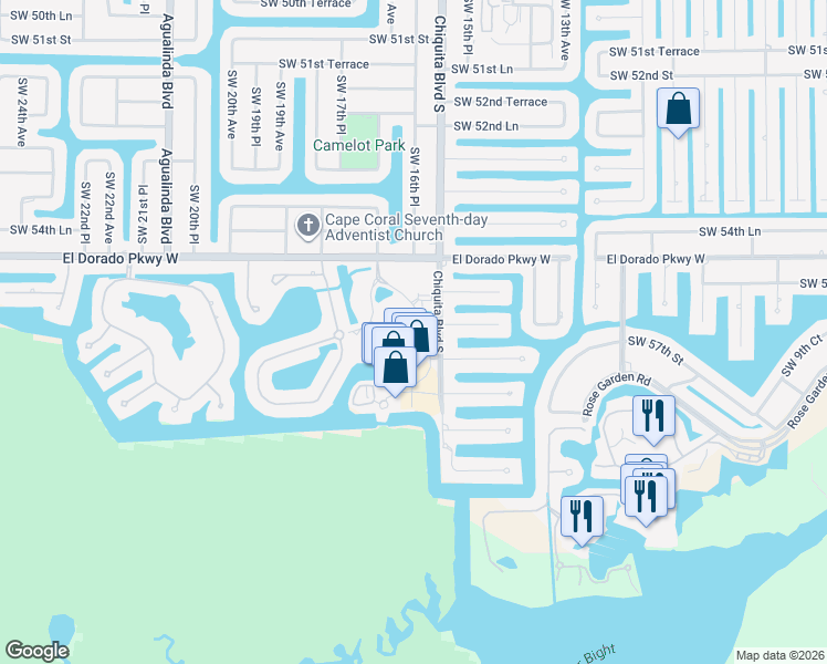 map of restaurants, bars, coffee shops, grocery stores, and more near 5702 Cape Harbour Drive in Cape Coral