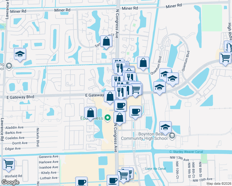 map of restaurants, bars, coffee shops, grocery stores, and more near Gateway Boulevard & North Congress Avenue in Boynton Beach