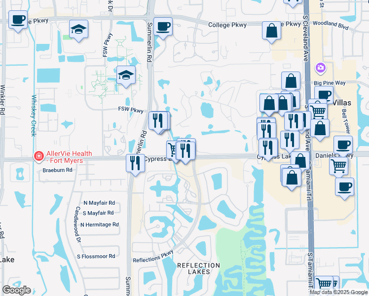map of restaurants, bars, coffee shops, grocery stores, and more near 7460 Cypress Lake Drive in Fort Myers