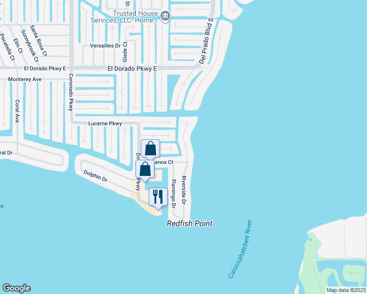 map of restaurants, bars, coffee shops, grocery stores, and more near 5650 Riverside Drive in Cape Coral