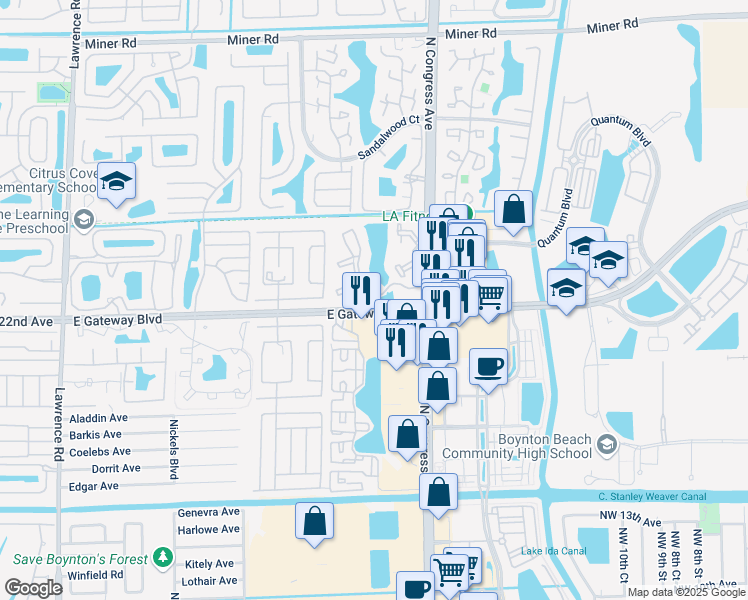 map of restaurants, bars, coffee shops, grocery stores, and more near 3304 Mahogany Drive in Boynton Beach