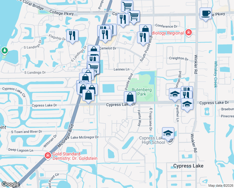 map of restaurants, bars, coffee shops, grocery stores, and more near 9820 Wildginger Drive in Fort Myers