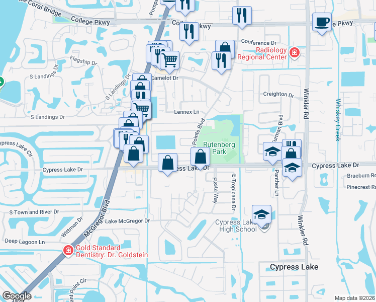 map of restaurants, bars, coffee shops, grocery stores, and more near 9820 Wildginger Drive in Fort Myers