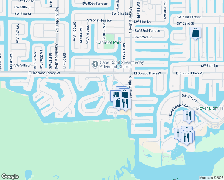 map of restaurants, bars, coffee shops, grocery stores, and more near Cape Harbour Drive in Cape Coral