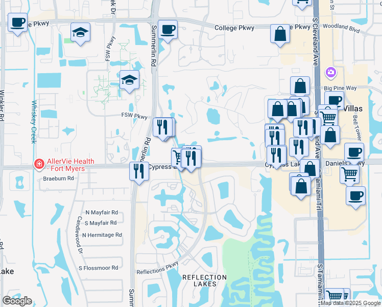 map of restaurants, bars, coffee shops, grocery stores, and more near 7460 Lake Breeze Drive in Fort Myers